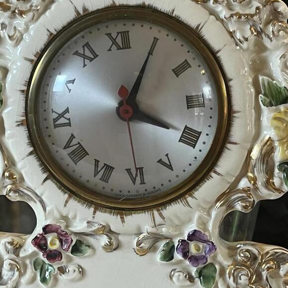 Sessions Mantle Clock Ceramic Ivory Embossed Flowers Electric  10” Vintage Works - Picture 1 of 15